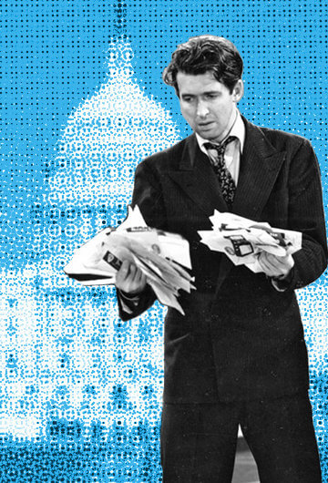 An image of Jefferson "Jeff" Smith from the film "Mr. Smith Goes to Washington" in front of a White House.