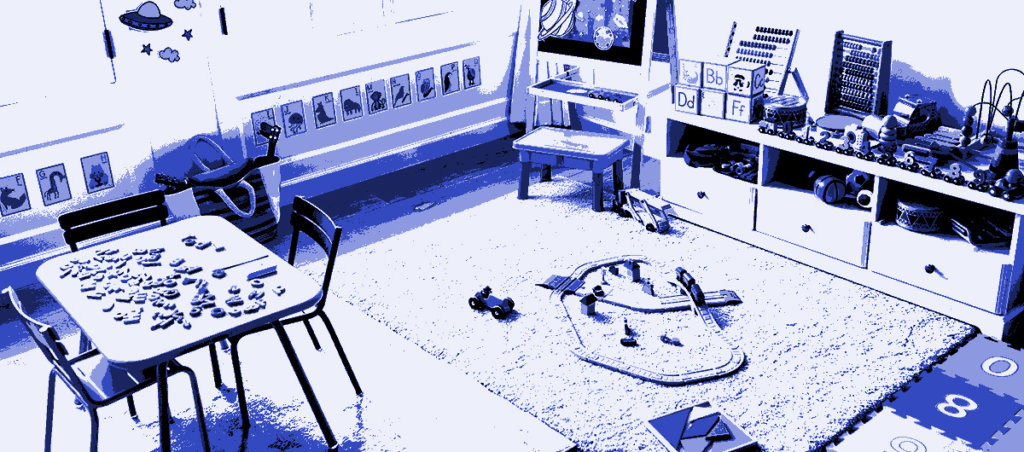 An illustration of a playroom for kids with toys and puzzles.