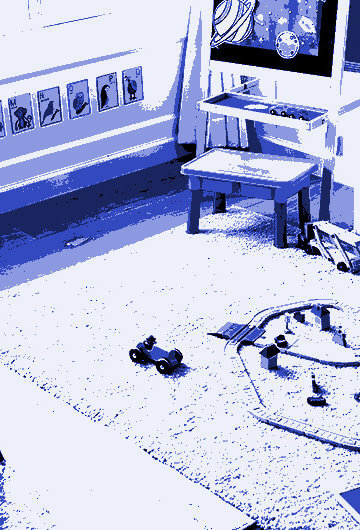 An illustration of a playroom for kids with toys and puzzles.