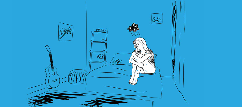 An illustration of a person drawn in white sitting on a bed. The rest of the bedroom is blue.