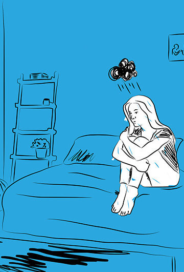 An illustration of a person drawn in white sitting on a bed. The rest of the bedroom is blue.