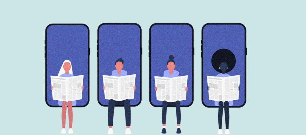 A collage of illustrations of four people reading newspapers while sitting on phones.