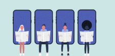 A collage of illustrations of four people reading newspapers while sitting on phones.