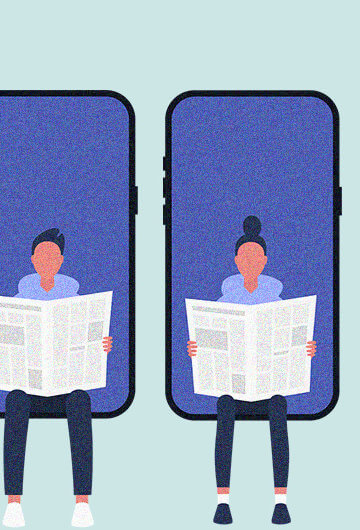 A collage of illustrations of four people reading newspapers while sitting on phones.