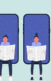 A collage of illustrations of four people reading newspapers while sitting on phones.