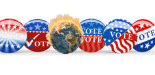 A collage of five pins that say "Vote" on them and a pin-sized Earth that is on fire.
