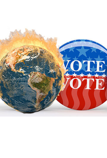 A collage of five pins that say "Vote" on them and a pin-sized Earth that is on fire.