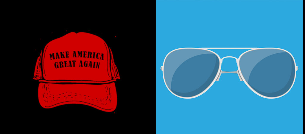 A collage of a MAGA hat on the left and sunglasses are right that Biden wears