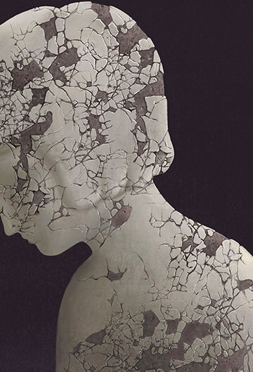 An illustration of a broken young woman sculpture in water