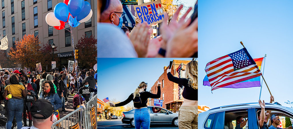 A collage of images of people celebrating the Biden-Harris win.