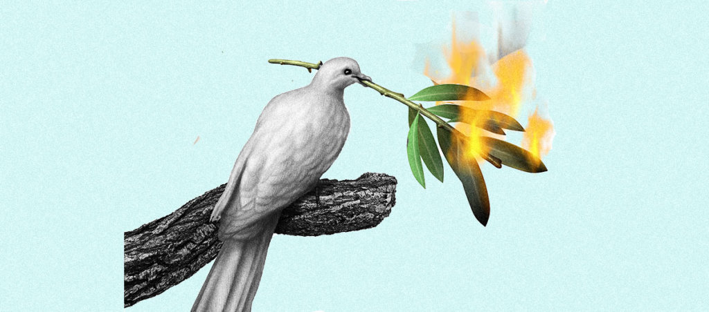 A collage of a bird holding a leaf thats on fire.