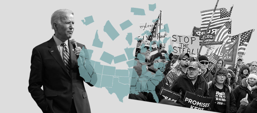 A collage of Biden speaking, the US falling apart, and a "Stop the Steal" protest.