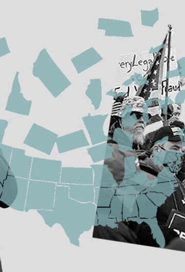 A collage of Biden speaking, the US falling apart, and a "Stop the Steal" protest.