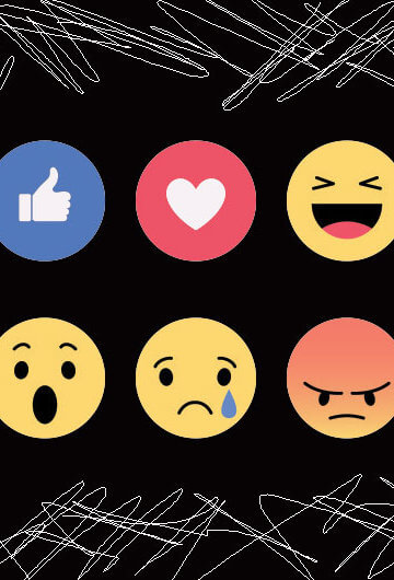 Facebook icons on a black background with scribbles.