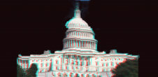 The US capitol building on a black solid background with a distorted, glitch effect
