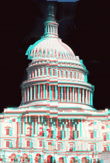 The US Capitol building on a black solid background with a distorted, glitch effect.