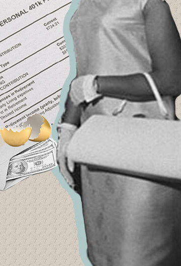 A collage of a woman of color in a dress, money and a personal 401k statement.