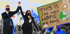 Kamala Harris and Joe Biden holding hands in the air and a sign that says "This is the only home we have."