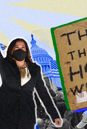 Kamala Harris and Joe Biden holding hands in the air and a sign that says "This is the only home we have."