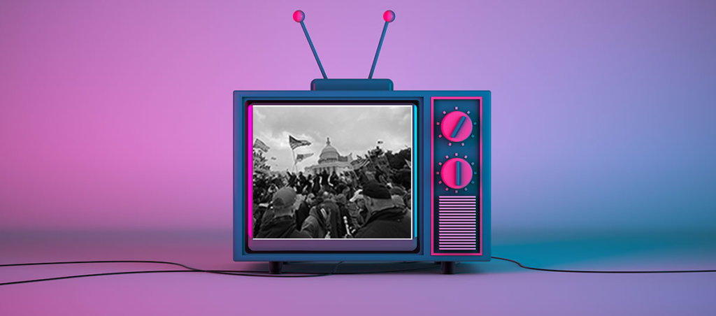 Image of an older television, colored purple and pink with a photo of the insurrection on the capitol on the screen