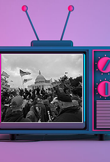 Image of an older television, colored purple and pink with a photo of the insurrection on the capitol on the screen