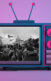 Image of an older television, colored purple and pink with a photo of the insurrection on the capitol on the screen