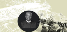 A collage of an image of Clarence Thomas with the constitution and the Jan.6 insurrection in the background.