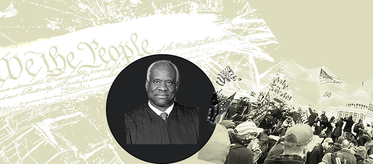 A collage of an image of Clarence Thomas with the constitution and the Jan.6 insurrection in the background.