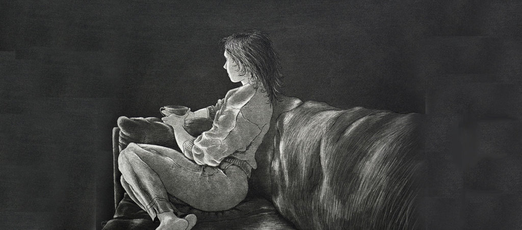 Black and white etch style drawing of a woman sitting on a couch, with a sense of loneliness and sadness