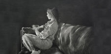 Black and white etch style drawing of a woman sitting on a couch, with a sense of loneliness and sadness
