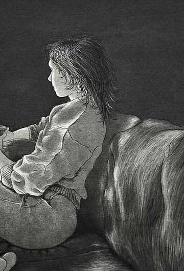 Black and white etch style drawing of a woman sitting on a couch, with a sense of loneliness and sadness