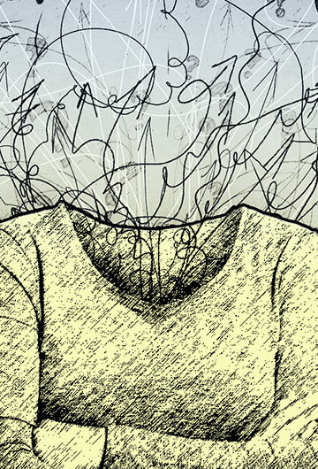 An illustration of someone's shirt and squigly lines flying out where their head should be.