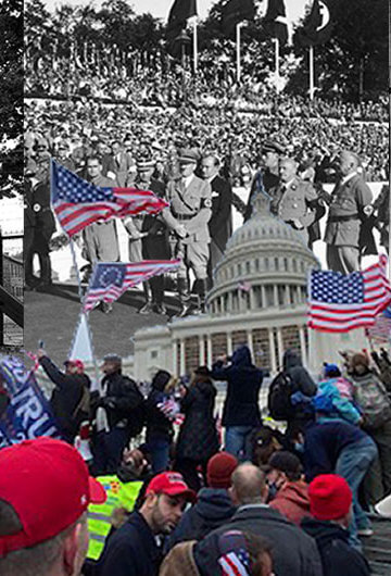 A collage of photos from the Jan. 6 coup and photos from World War II.