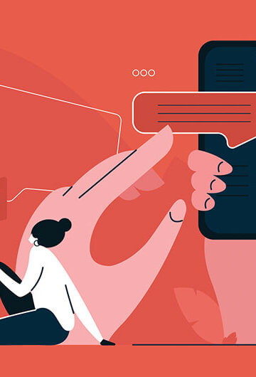 A collage of illustrations of someone holding a phone and another person looking at their phone.