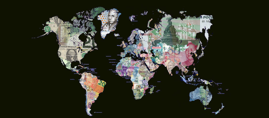 Image of currency of every country on world map