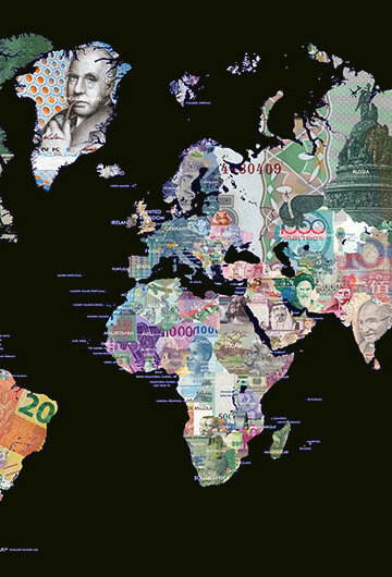 Image of currency of every country on world map