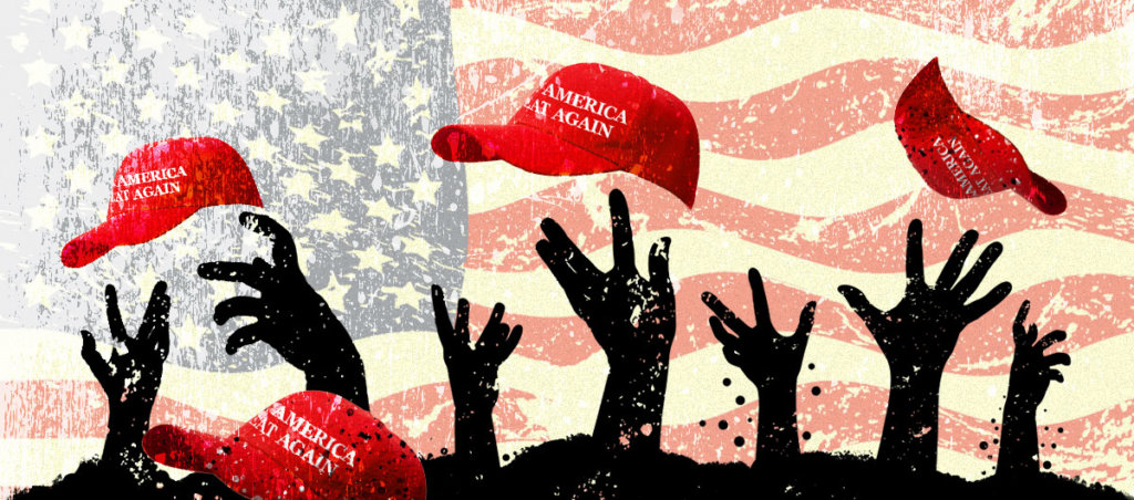 Illustration of elephant representing republican party, with zombie hands reaching up, and Trump red MAGA hats