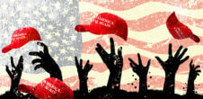 Illustration of elephant representing republican party, with zombie hands reaching up, and Trump red MAGA hats