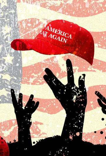 Illustration of elephant representing republican party, with zombie hands reaching up, and Trump red MAGA hats