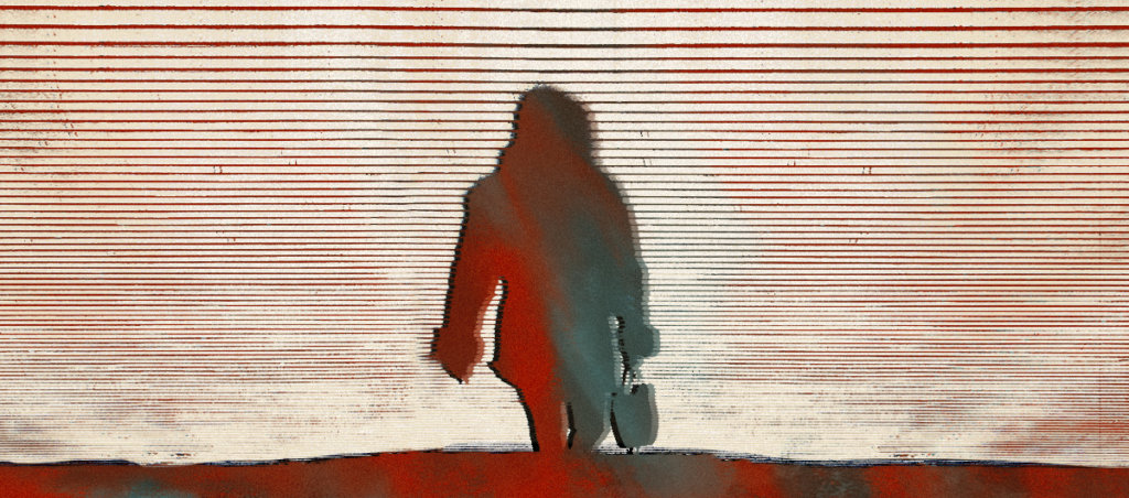 Woman in shadow, illustrated with red and grey, and horizontal lines