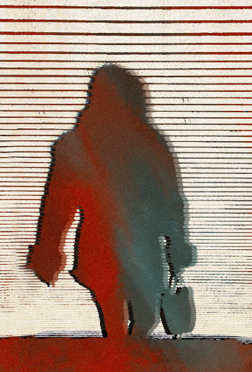 Woman in shadow, illustrated with red and grey, and horizontal lines