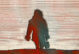 woman in shadow, illustrated with red and grey, and horizontal lines