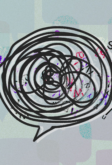 Illustration of a speech bubble with scribbles inside, background of more speech bubbles colored purple and blue, with floating letters scattered in the background