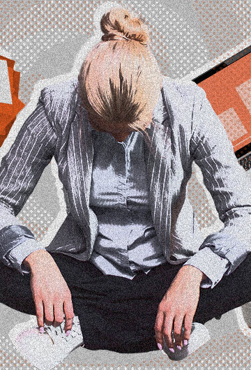 Woman sitting crosslegged, head down, surrounded by various items indicating balancing caretaking. Items are a laptop, 3 children with backpacks, coffee, overdue bills and an older person in a wheelchair