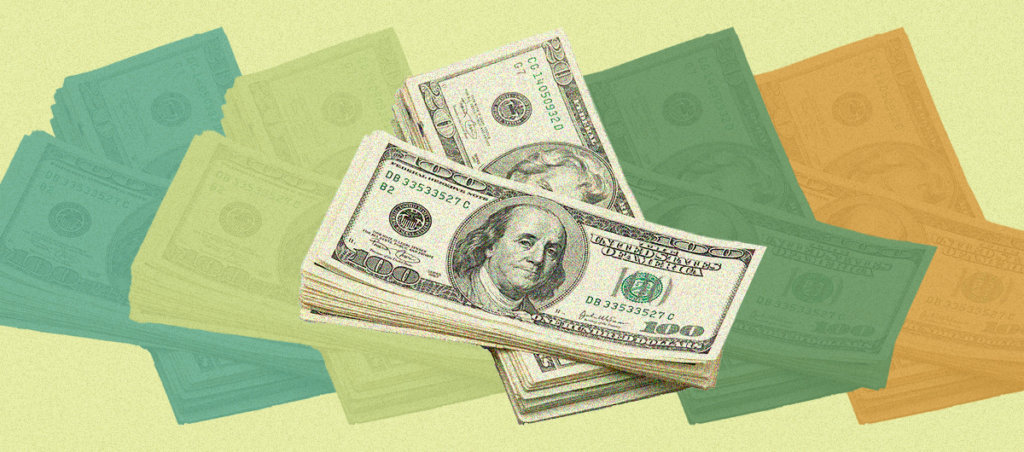 100 dollar bill and 20 dollar bill on top of each other with an illustrated background of the color green