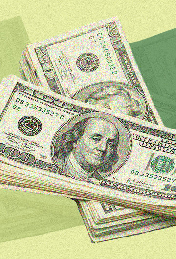 100 dollar bill and 20 dollar bill on top of each other with an illustrated background of the color green