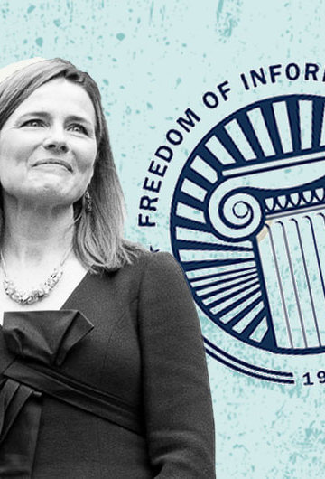 A collage of Amy Coney Barrett with a Freedom of Information Act symbol.