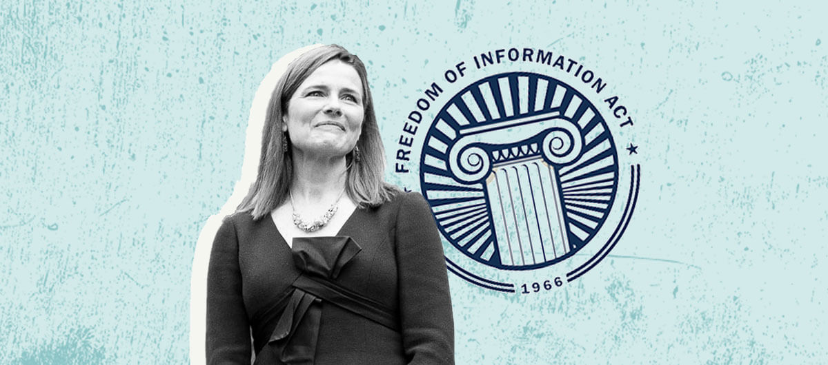 A collage of Amy Coney Barrett with a Freedom of Information Act symbol.