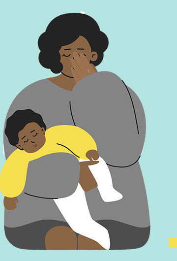 illustration of a Black woman, looking tired, holding a baby in her lap. A bottle sits atop a stack of books next to her