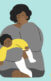 illustration of a Black woman, looking tired, holding a baby in her lap. A bottle sits atop a stack of books next to her
